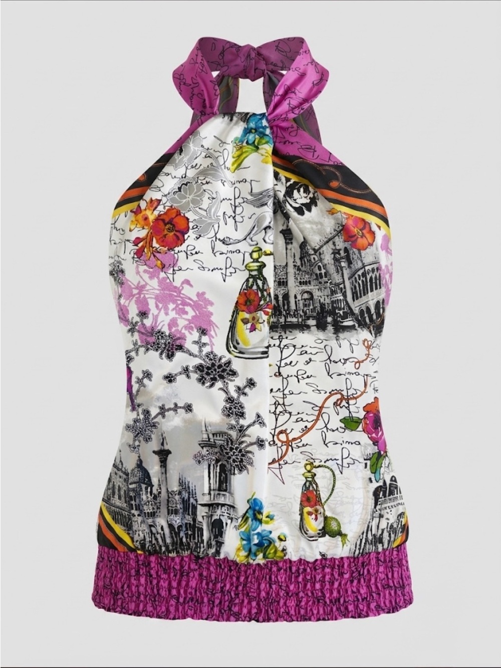Cache Satin Euro Postcard Print Y2K Sleeveless Halter Tank Top Size Large